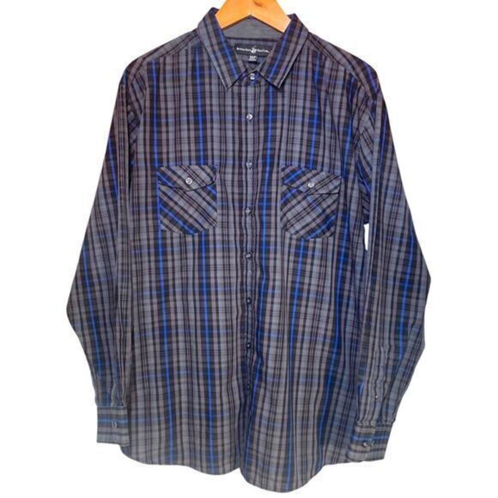 Beverly Hills Polo Club LS Shirt Black Blue Stripe Roll Up Sleeve B&T Size 2XLB